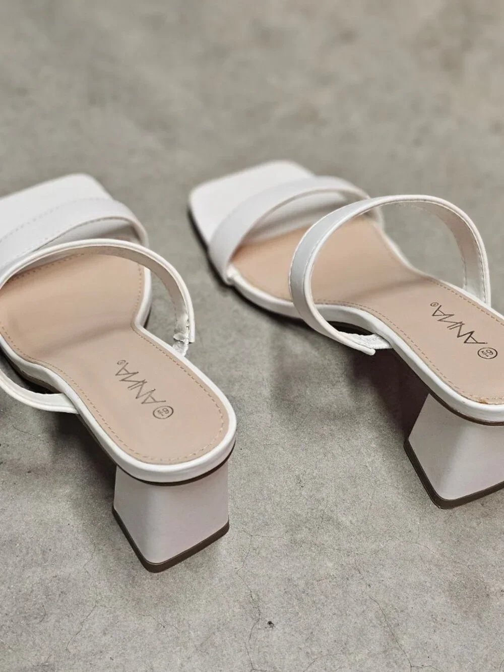White Faux Leather Block Heel Sandals With Double Straps & Square Toe For Women